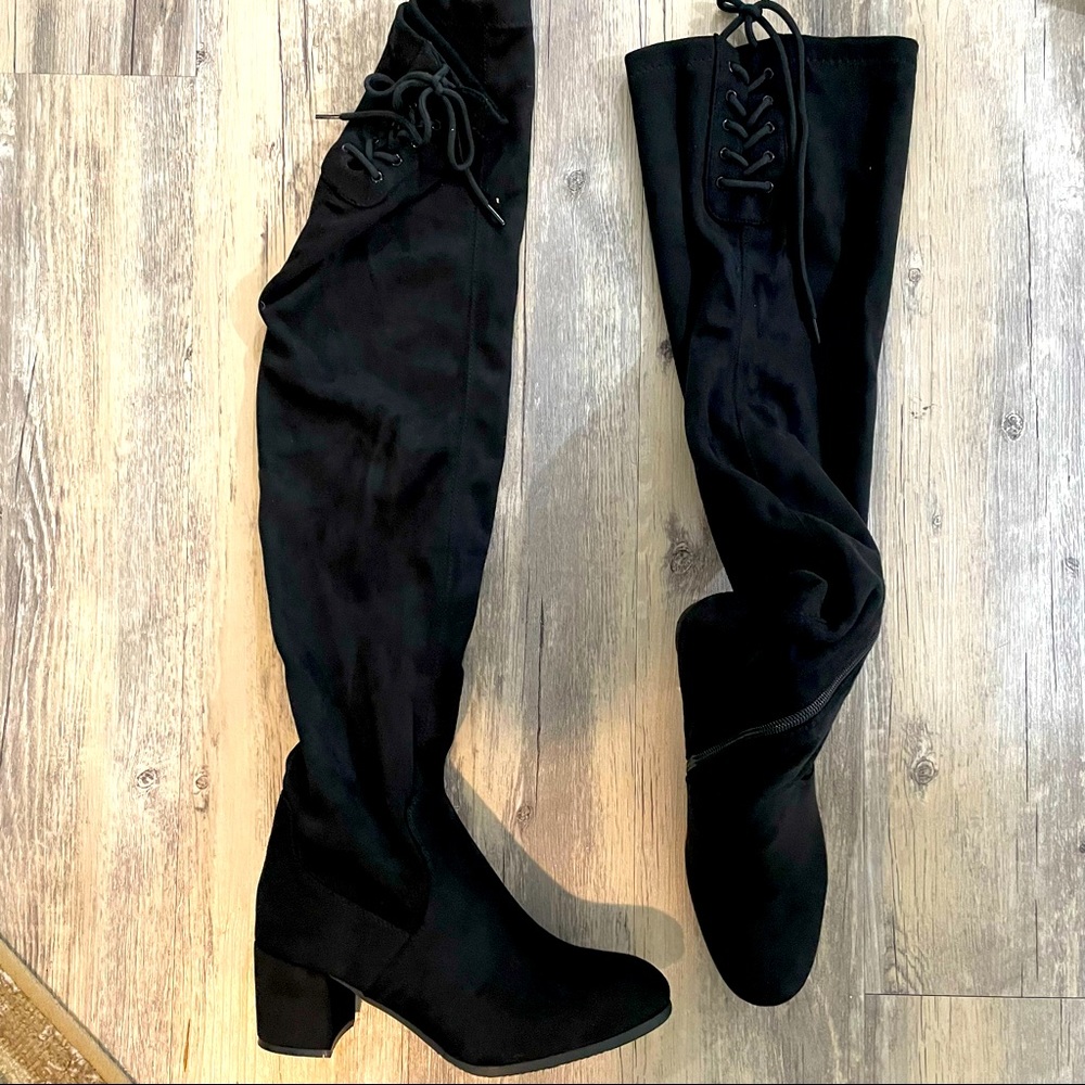 Dream Paris Over the Knee Chunky Thigh High Black Velvet Boot with Laces